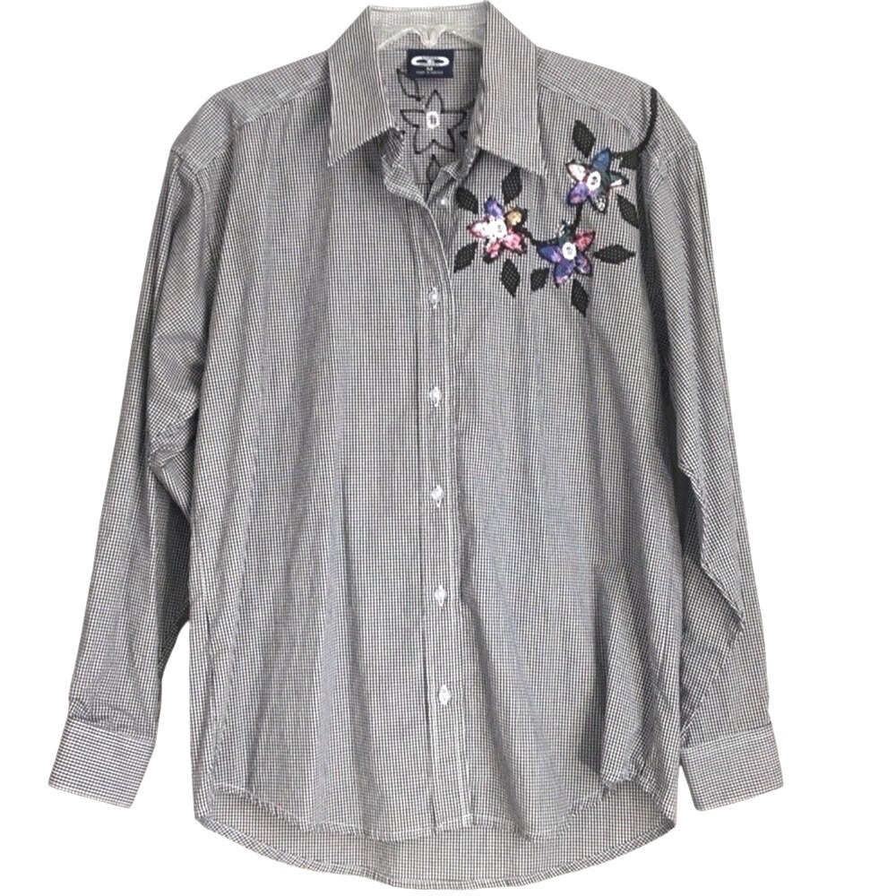 Three Rivers Floral Applique Gingham‎ Button Up Shirt Medium Black White